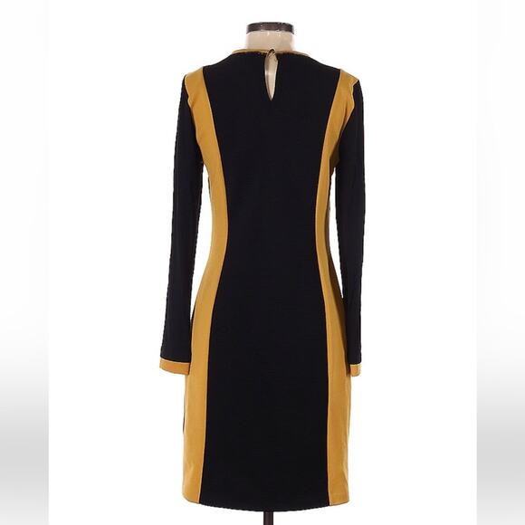 Bocetto long sleeved wiggle sheath dress in mustard, white and black, small - Picture 2 of 12